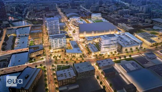 Future Downtown Milwaukee Development rendering--Milwaukee Bucks Fiserv Forum